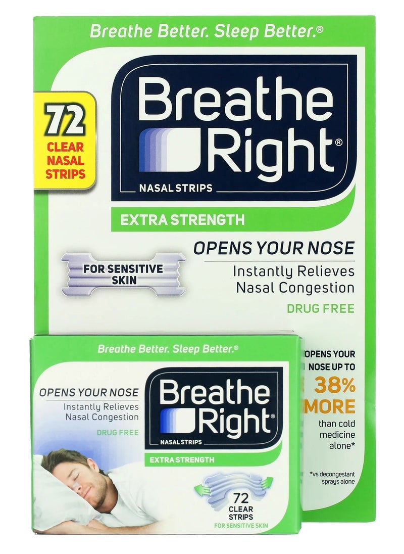 Breathe Right Extra Strength Nasal Strips, 72 Count (CLEAR) Drug Free