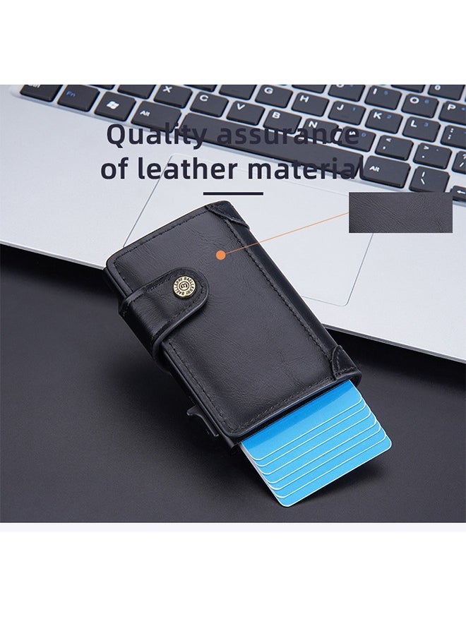 Men's Card Holder RFID Anti-magnetic Side Push Card Aluminum Box Buckle Retro Card Holder Men Large Capacity Luxury Waxed Leather Clutch Wallet Multi-Card Storage Bag