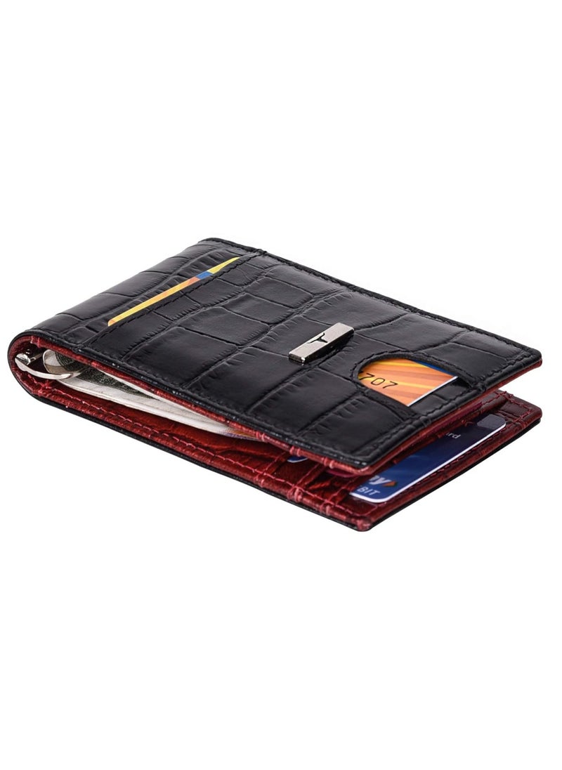 URBAN FOREST Eddy Printed Black/Dark Red Money Clip Leather Wallet for Men