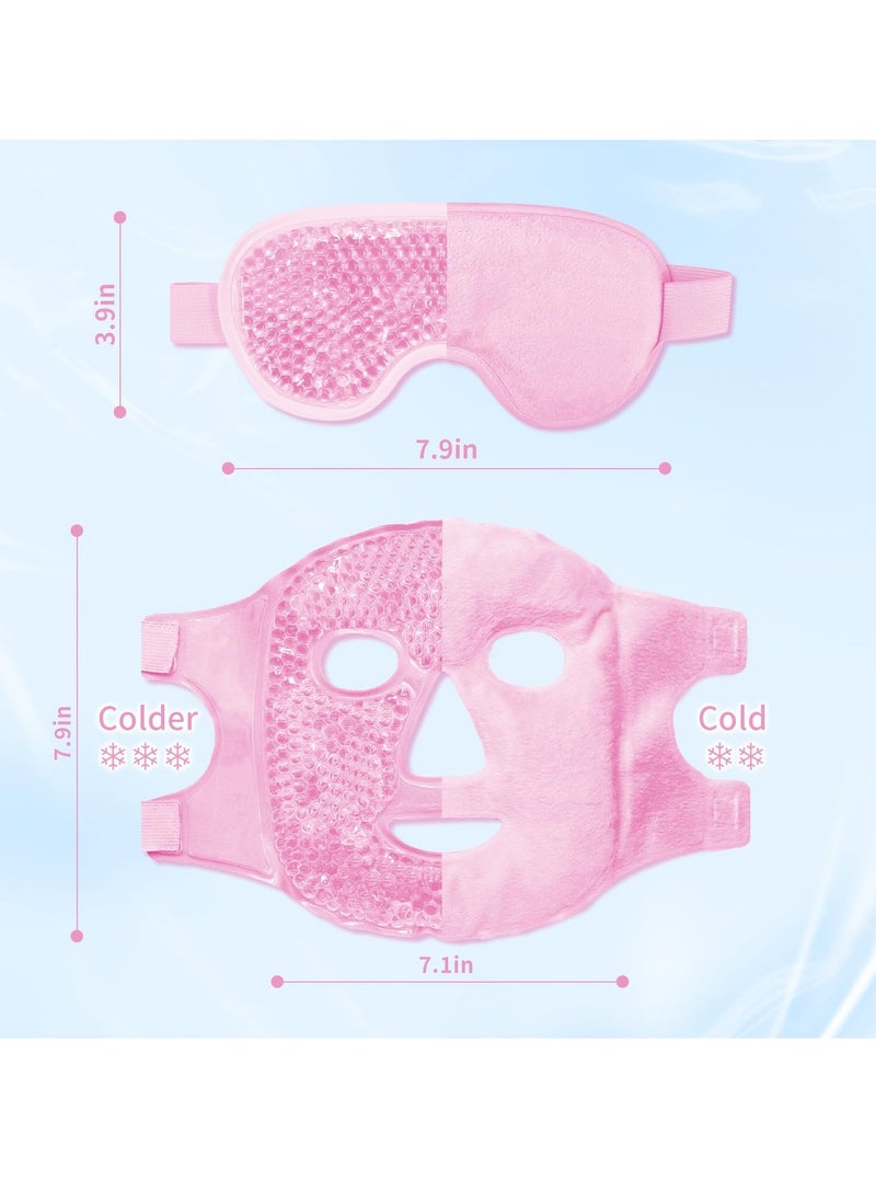 Cooling Eye Mask and Ice Face Mask Set for Reducing Puffiness, Bags Under the Eyes, Sinus, Redness, Pain Relief, Dark Circles, Migraine, and Hot Cold Use Reusable with Super Soft Lining (Pink Set)