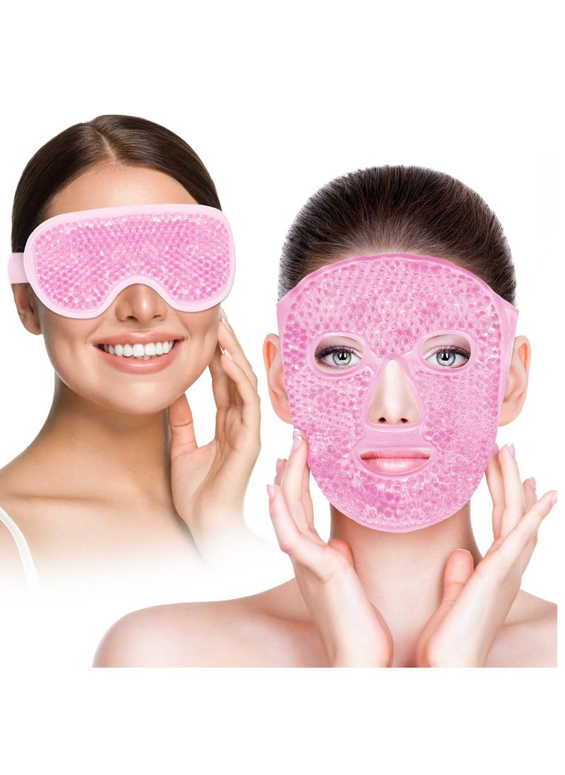 Cooling Eye Mask and Ice Face Mask Set for Reducing Puffiness, Bags Under the Eyes, Sinus, Redness, Pain Relief, Dark Circles, Migraine, and Hot Cold Use Reusable with Super Soft Lining (Pink Set)