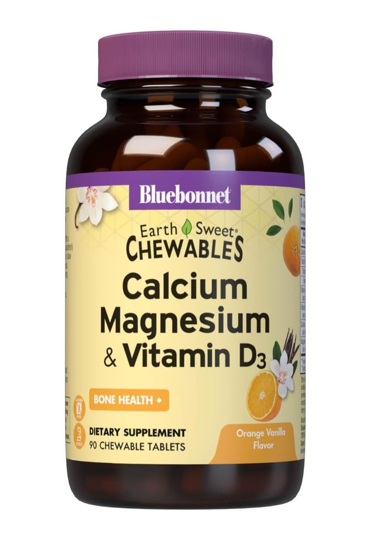 Calcium Magnesium Plus Vitamin D3 Earthsweet, Bone Health & Muscle Relaxation, Soy-Free, Gluten-Free, Kosher, Dairy-Free,90 Orange Vanilla Flavored Chewable Tablets