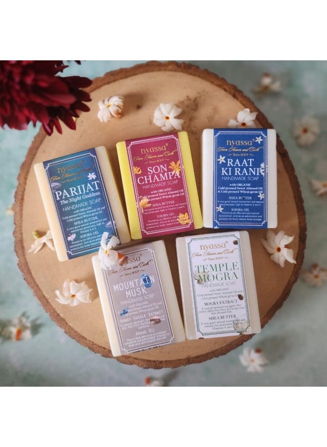 Floral Collection Combo Pack 75Gmx5 Soaps Parijat Night Blooming Jasmine | Son Champa | Temple Mogra | Raat Ki Rani | Mountain Musk Handmade Soap (75 G Each).