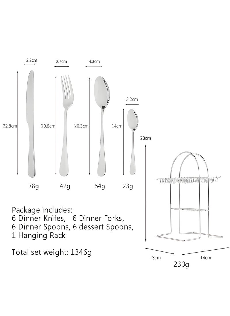 Cutlery Set, 24-Piece Stainless Steel Flatware Set with Stand, Tableware Silverware Set with Spoon/Knife/Fork Set, Service for 6, Dishwasher Safe and Easy Clean (Silver)