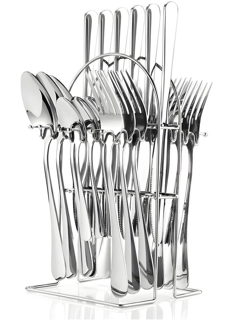 Cutlery Set, 24-Piece Stainless Steel Flatware Set with Stand, Tableware Silverware Set with Spoon/Knife/Fork Set, Service for 6, Dishwasher Safe and Easy Clean (Silver)