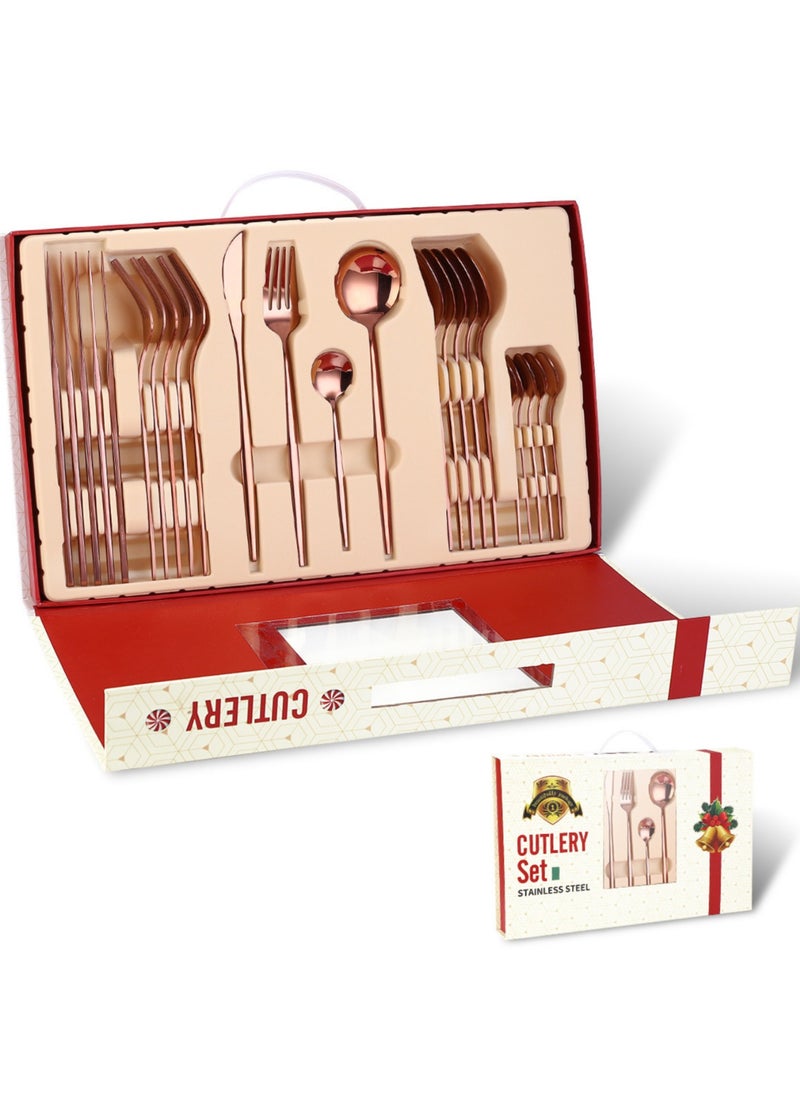 Premium 24-Piece Stainless Steel Cutlery Set in Multiple Colours Variations (Silver, Rose Gold, Black/Peacock Green/White/Pink Handles) with 6 X Main Knives/Main Forks/Soup Spoons/Dessert Spoons