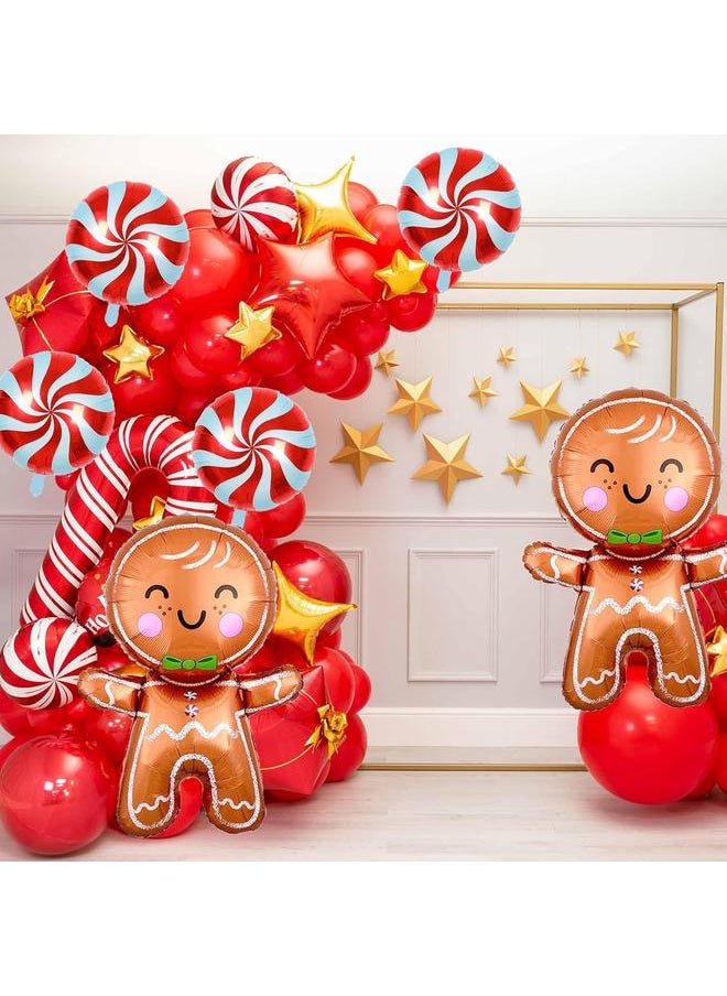 10Pcs Christmas Balloons Decorations Large Gingerbread Man Helium Balloons Red Candy Foil Mylar Balloons for Winter Themed Christmas Holiday Birthday Baby Shower Party Decorations Supplies