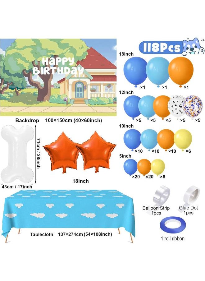 118 Dog Blue Party Decorations Birthday Supplies Paw Balloons Garland Arch Kit Backdrop Tablecloth Blue Bone Balloon for Boys Girls Kids Blue Theme Birthday Decorations