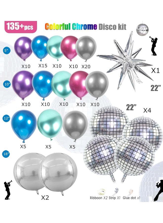 Metallic Balloon garland kit 135Pcs Disco Party decorations with Chrome Blue Red Purple Silver Disco ball balloons for 80s 90s Themed Birthday graduation 2025 new year Party eve Decorations