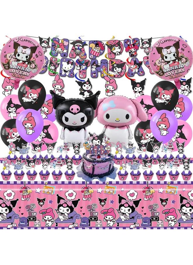 Kuromi Birthday Party Supplies, Party Decorations Set Include Banner, Balloons, Hanging Swirls, Cake Cupcake Toppers, Tablecloth for Girls Kuromi Theme Party