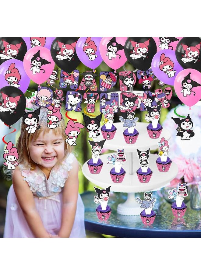 Kuromi Birthday Party Supplies, Party Decorations Set Include Banner, Balloons, Hanging Swirls, Cake Cupcake Toppers, Tablecloth for Girls Kuromi Theme Party