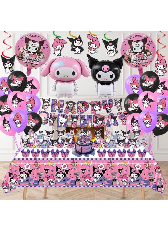 Kuromi Birthday Party Supplies, Party Decorations Set Include Banner, Balloons, Hanging Swirls, Cake Cupcake Toppers, Tablecloth for Girls Kuromi Theme Party