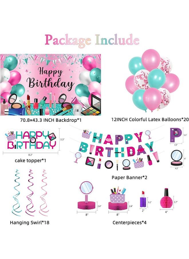 Roetyce Makeup Birthday Party Decorations, 46PCS Makeup Happy Birthday Banner Balloons Hanging Swirl Honeycomb Cake Topper Kit, Spa Themed Birthday Decorations for Girls, Pink Birthday Party Supplies