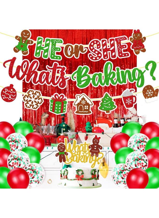 Christmas Gender Reveal Decorations He or She What’s Baking Banner Gingerbread Cake Topper Merry Christmas Theme Balloons Red Foil Curtains Christmas Gender Reveal Party Supplies