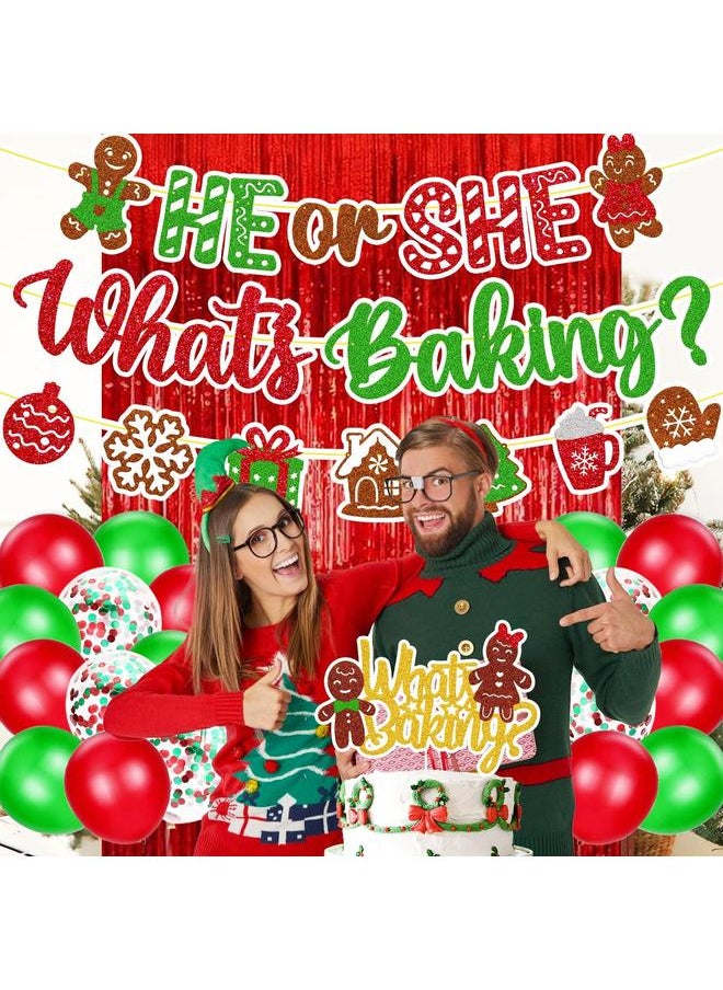 Christmas Gender Reveal Decorations He or She What’s Baking Banner Gingerbread Cake Topper Merry Christmas Theme Balloons Red Foil Curtains Christmas Gender Reveal Party Supplies