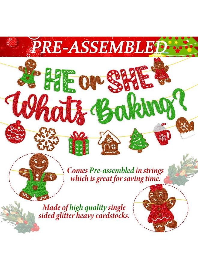 Christmas Gender Reveal Decorations He or She What’s Baking Banner Gingerbread Cake Topper Merry Christmas Theme Balloons Red Foil Curtains Christmas Gender Reveal Party Supplies