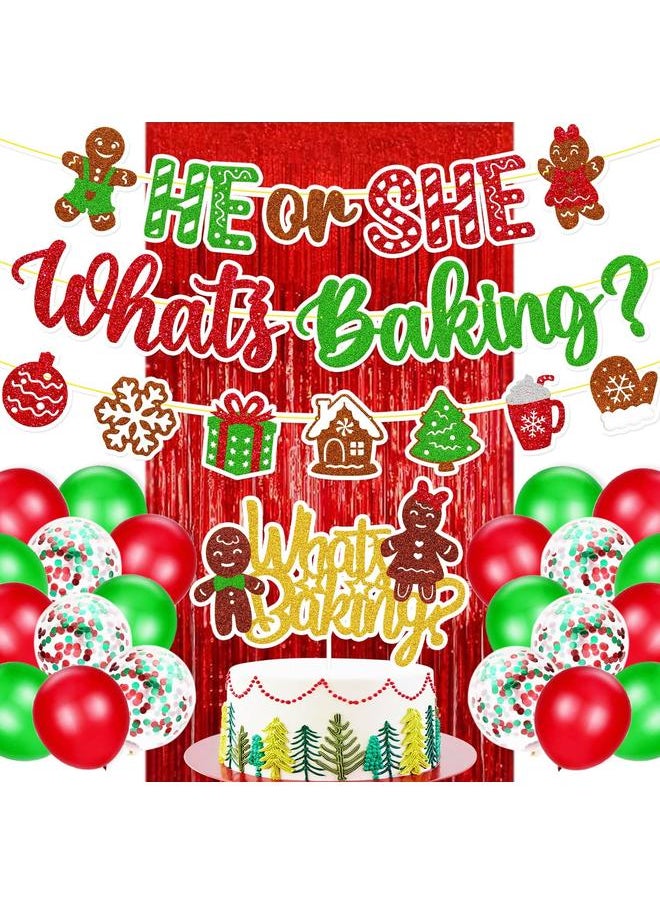 Christmas Gender Reveal Decorations He or She What’s Baking Banner Gingerbread Cake Topper Merry Christmas Theme Balloons Red Foil Curtains Christmas Gender Reveal Party Supplies