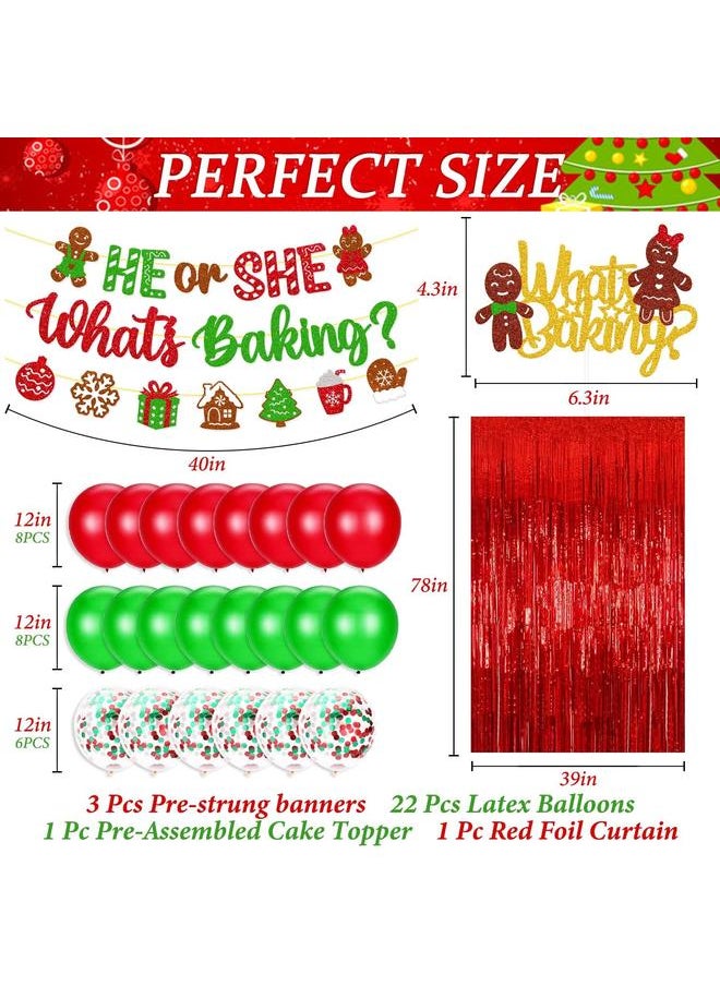 Christmas Gender Reveal Decorations He or She What’s Baking Banner Gingerbread Cake Topper Merry Christmas Theme Balloons Red Foil Curtains Christmas Gender Reveal Party Supplies