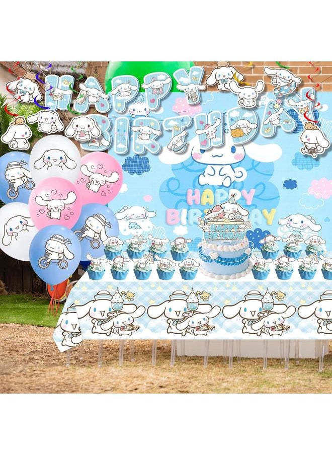 Cinnamoroll Birthday Decorations, Party Supplies Set Include Banner, Backdrop, Balloons, Hanging Swirls, Cake Cupcake Toppers, Tablecloth for Kids Cinnamoroll Theme Party