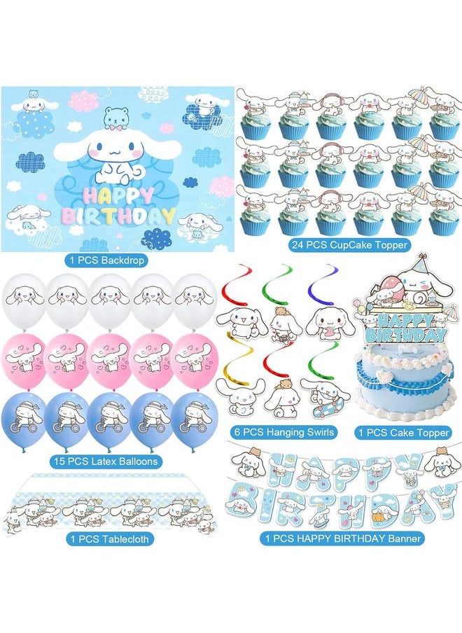 Cinnamoroll Birthday Decorations, Party Supplies Set Include Banner, Backdrop, Balloons, Hanging Swirls, Cake Cupcake Toppers, Tablecloth for Kids Cinnamoroll Theme Party