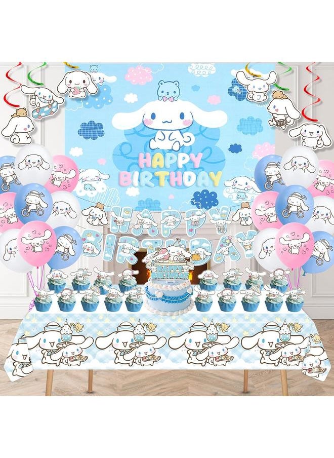 Cinnamoroll Birthday Decorations, Party Supplies Set Include Banner, Backdrop, Balloons, Hanging Swirls, Cake Cupcake Toppers, Tablecloth for Kids Cinnamoroll Theme Party