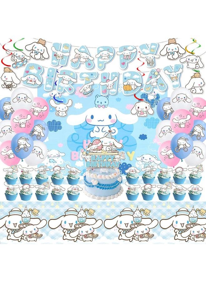 Cinnamoroll Birthday Decorations, Party Supplies Set Include Banner, Backdrop, Balloons, Hanging Swirls, Cake Cupcake Toppers, Tablecloth for Kids Cinnamoroll Theme Party