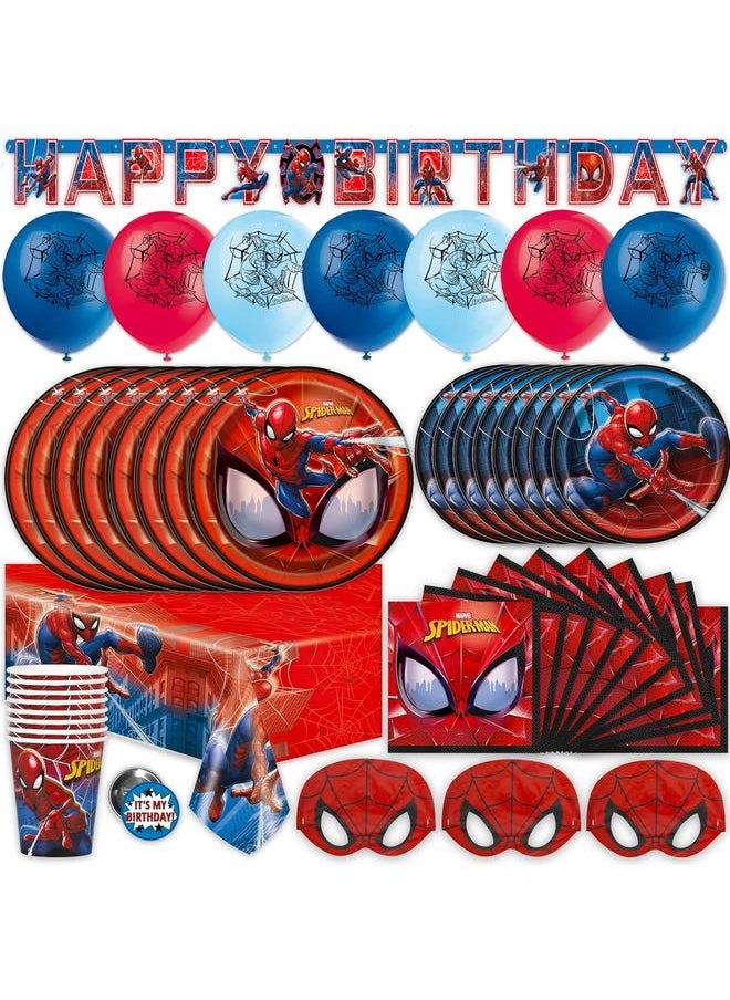 Spiderman Birthday Party Supplies Set | Spiderman Party Supplies | Spiderman Birthday Decorations | Serves 16 Guests | With Balloons, Banner, Table Cover, Plates, Cups, Napkins, Masks, Button