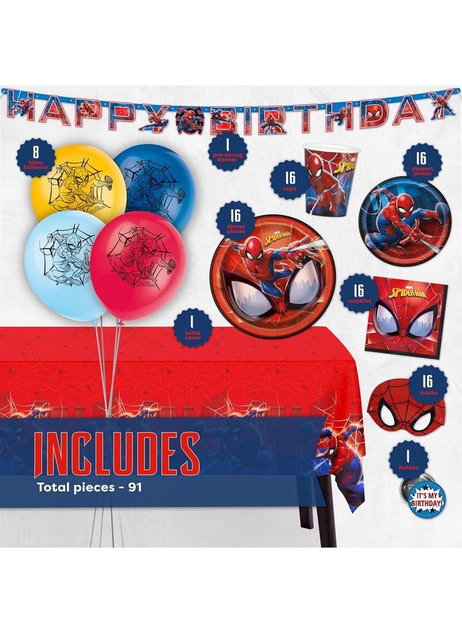 Spiderman Birthday Party Supplies Set | Spiderman Party Supplies | Spiderman Birthday Decorations | Serves 16 Guests | With Balloons, Banner, Table Cover, Plates, Cups, Napkins, Masks, Button