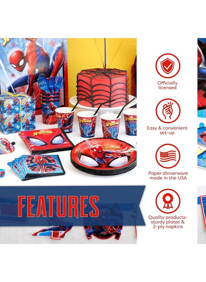 Spiderman Birthday Party Supplies Set | Spiderman Party Supplies | Spiderman Birthday Decorations | Serves 16 Guests | With Balloons, Banner, Table Cover, Plates, Cups, Napkins, Masks, Button