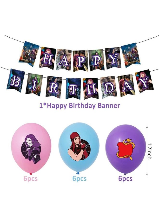 Descendants birthday party supplies,Descendants party including cake caps, cupcake caps, flags, Latex Balloons, It is very suitable for boy's and girl themed birthday party supplies.