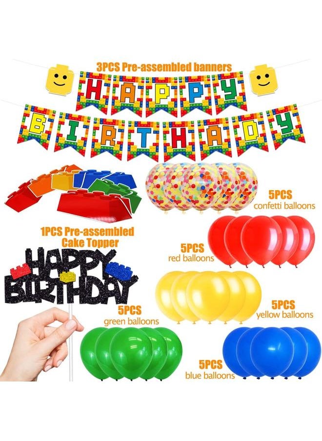 Building Blocks Themed Birthday Party Decorations Pack - Includes Glitter Cake Topper Banners and Balloons - Summer Colorful Themed Bday Party Pack Supplies