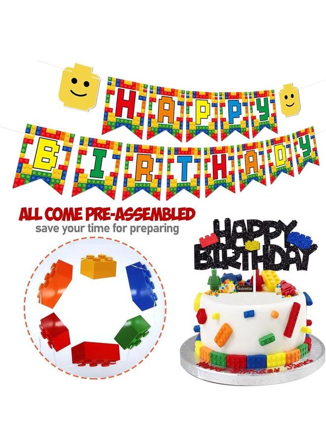 Building Blocks Themed Birthday Party Decorations Pack - Includes Glitter Cake Topper Banners and Balloons - Summer Colorful Themed Bday Party Pack Supplies