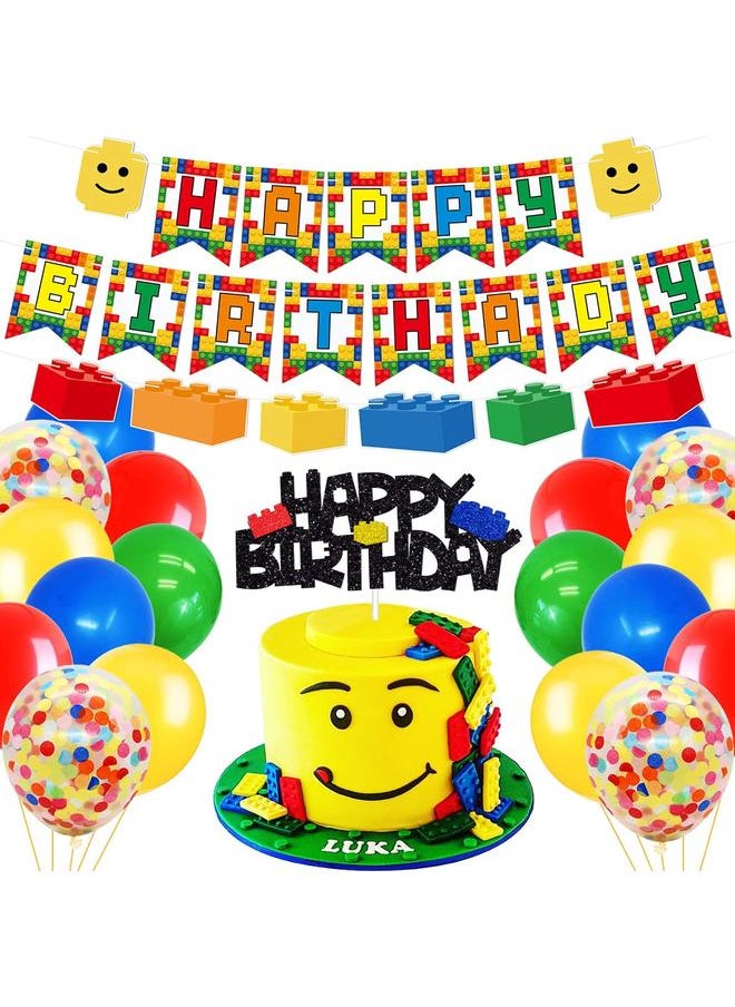 Building Blocks Themed Birthday Party Decorations Pack - Includes Glitter Cake Topper Banners and Balloons - Summer Colorful Themed Bday Party Pack Supplies