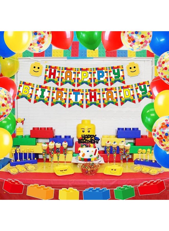Building Blocks Themed Birthday Party Decorations Pack - Includes Glitter Cake Topper Banners and Balloons - Summer Colorful Themed Bday Party Pack Supplies