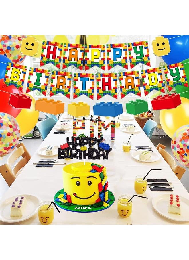 Building Blocks Themed Birthday Party Decorations Pack - Includes Glitter Cake Topper Banners and Balloons - Summer Colorful Themed Bday Party Pack Supplies