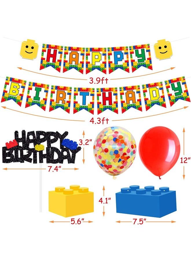 Building Blocks Themed Birthday Party Decorations Pack - Includes Glitter Cake Topper Banners and Balloons - Summer Colorful Themed Bday Party Pack Supplies