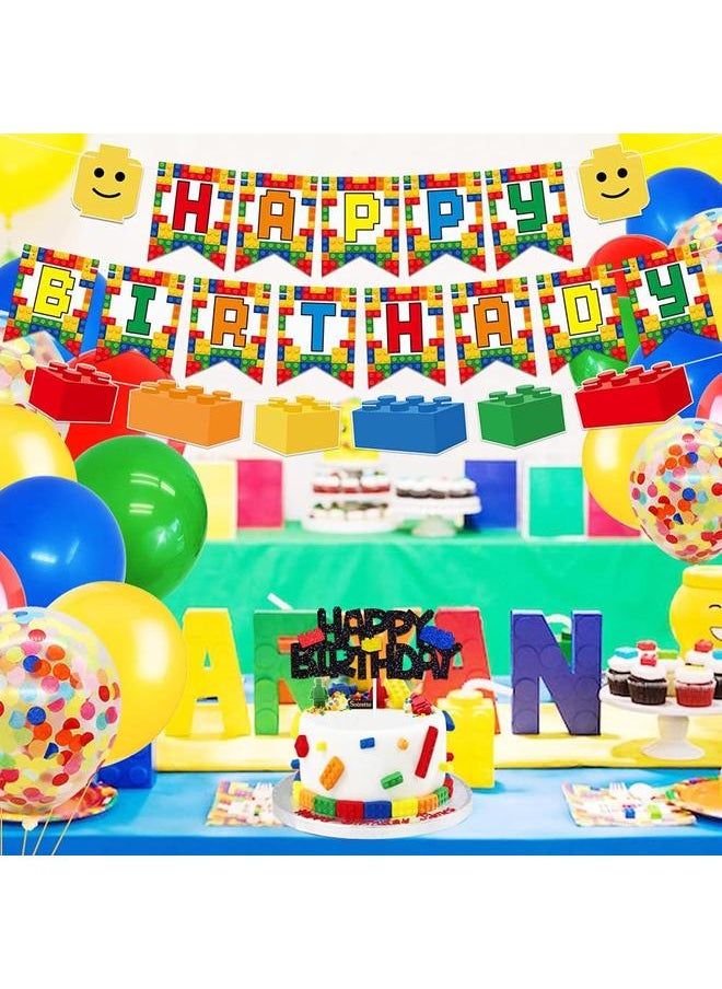 Building Blocks Themed Birthday Party Decorations Pack - Includes Glitter Cake Topper Banners and Balloons - Summer Colorful Themed Bday Party Pack Supplies