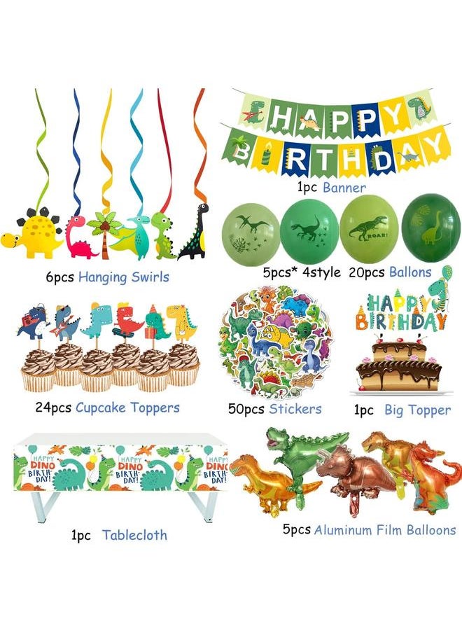 Dinosaur Birthday Party Supplies, 104 Pcs Supplies Set for Boys and Girls, Include Balloons, Banner, Tablecloth, Stickers, Hanging Swirls, Aluminum Film Cake Topper Cupcake Toppers