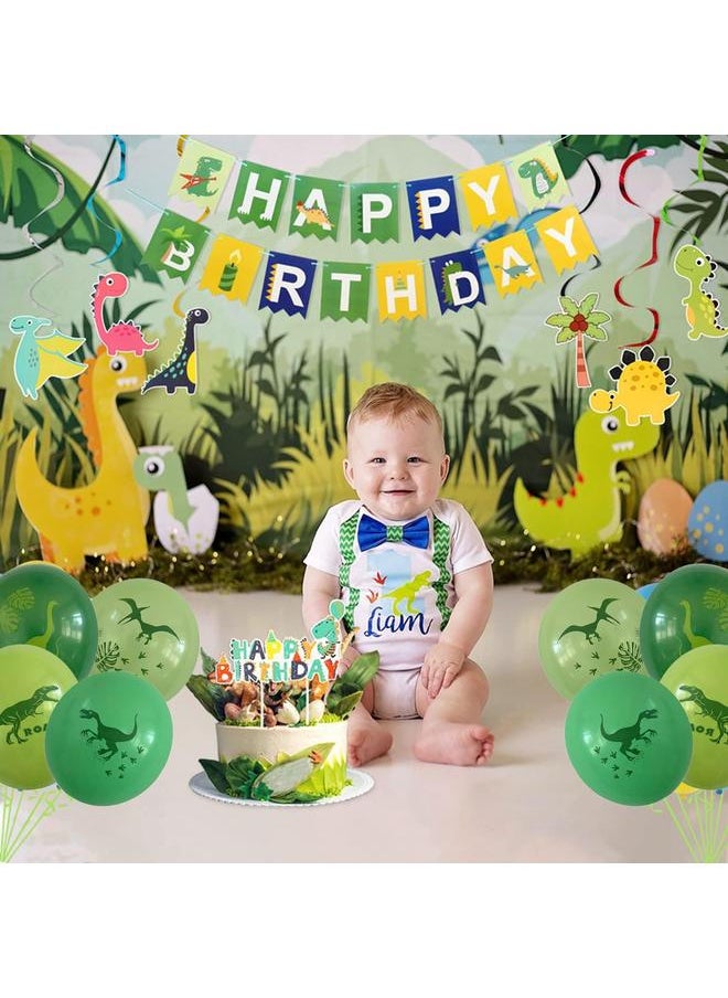 Dinosaur Birthday Party Supplies, 104 Pcs Supplies Set for Boys and Girls, Include Balloons, Banner, Tablecloth, Stickers, Hanging Swirls, Aluminum Film Cake Topper Cupcake Toppers