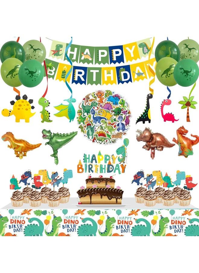 Dinosaur Birthday Party Supplies, 104 Pcs Supplies Set for Boys and Girls, Include Balloons, Banner, Tablecloth, Stickers, Hanging Swirls, Aluminum Film Cake Topper Cupcake Toppers