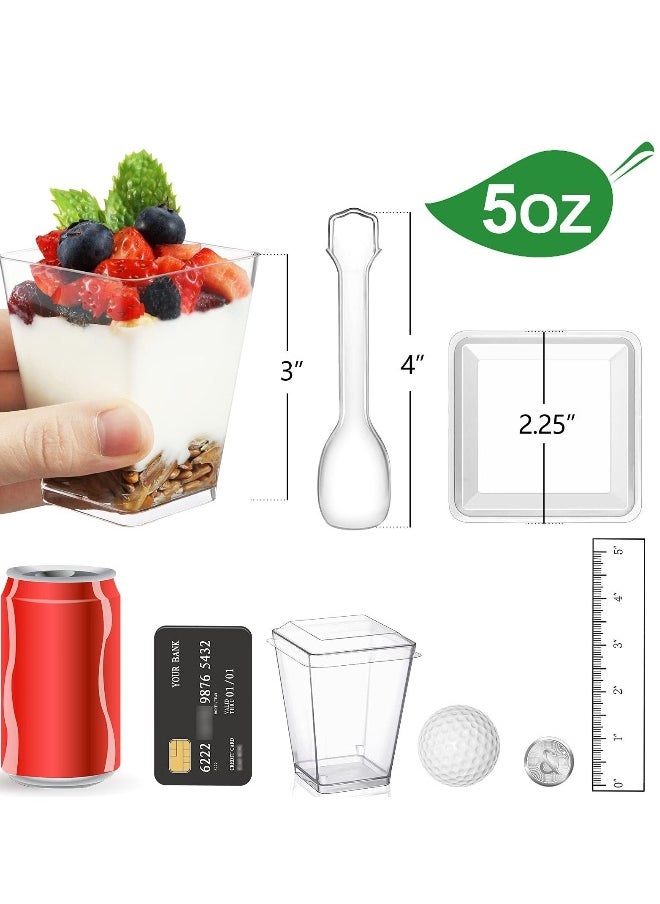 Plastic Dessert Cups with Plastic Lids and Spoons, 50 Pack Square Appetizer Cups Small Clear Plastic Tumbler Cups Set for Party Mini Dessert Puddings Mousse 5 Oz