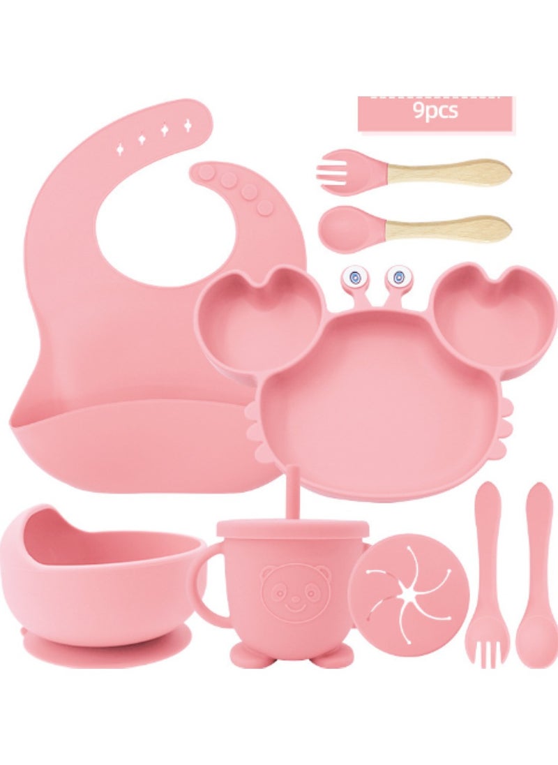 Premium Light Pink 9 Piece Weaning Feeding Supplies for Toddlers! Bib+Plate+Suction Silicone Baby Bowls! Self Eating Utensils Set with Spoons, Bibs, Plate, Toddlers Spoon Set! Set of 9!