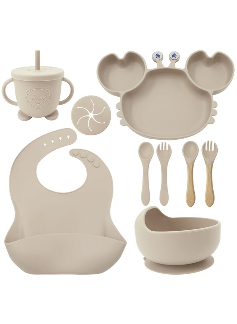 Premium Beige 9 Piece Weaning Feeding Supplies for Toddlers! Bib+Plate+Suction Silicone Baby Bowls! Self Eating Utensils Set with Spoons, Bibs, Plate, Toddlers Spoon Set! Set of 9!