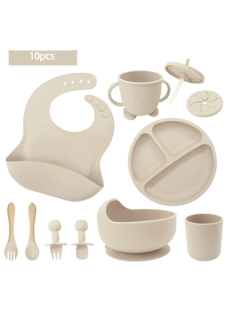 Premium Beige 10 Piece Weaning Feeding Supplies for Toddlers! Bib+Plate+Suction Silicone Baby Bowls! Self Eating Utensils Set with Spoons, Bibs, Plate, Toddlers Spoon Set! Set of 10!