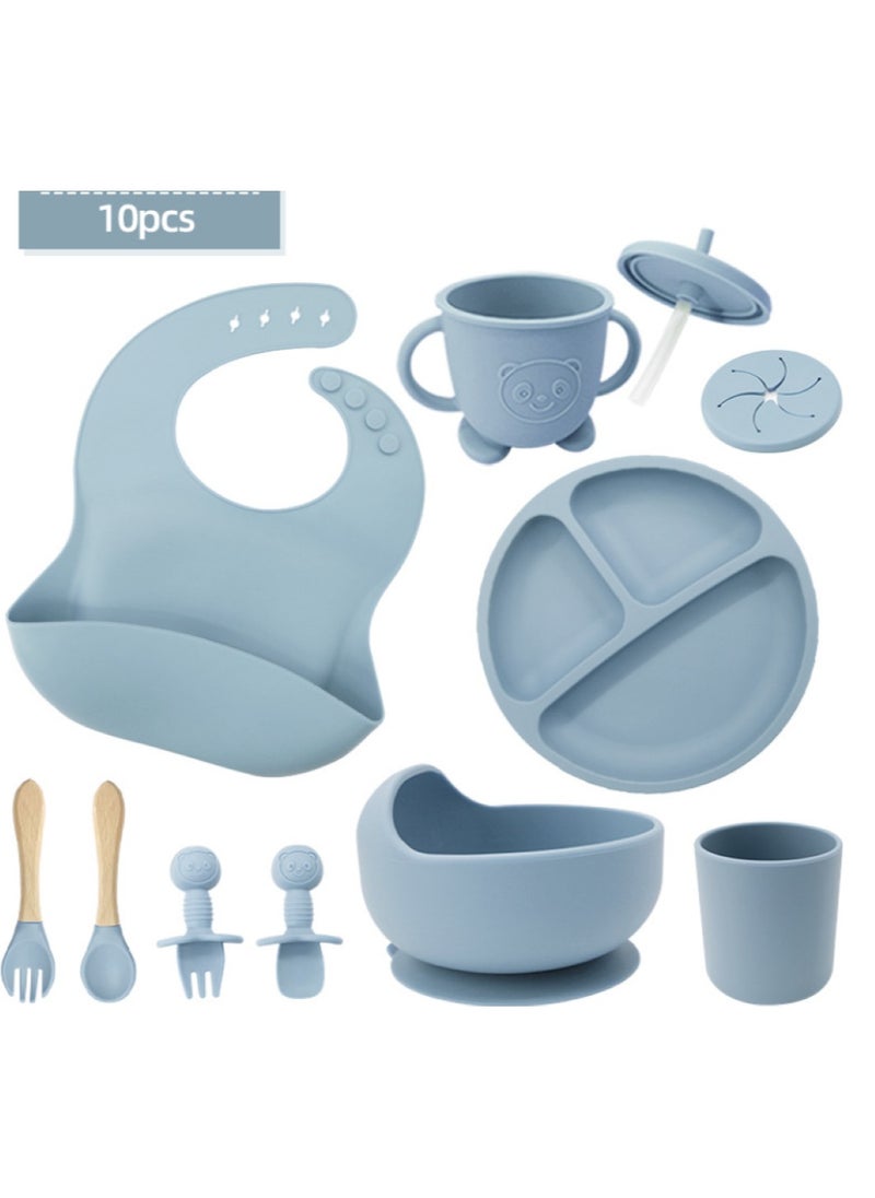 Premium Grey Blue 10 Piece Weaning Feeding Supplies for Toddlers! Bib+Plate+Suction Silicone Baby Bowls! Self Eating Utensils Set with Spoons, Bibs, Plate, Toddlers Spoon Set! Set of 10!