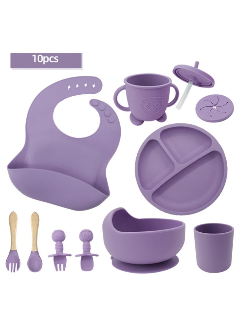 Premium Purple 10 Piece Weaning Feeding Supplies for Toddlers! Bib+Plate+Suction Silicone Baby Bowls! Self Eating Utensils Set with Spoons, Bibs, Plate, Toddlers Spoon Set! Set of 10!