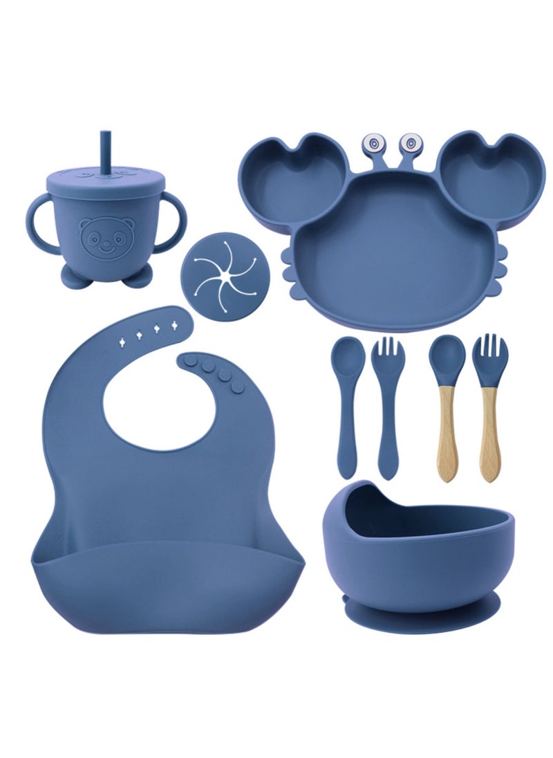 Premium Navy 9 Piece Weaning Feeding Supplies for Toddlers! Bib+Plate+Suction Silicone Baby Bowls! Self Eating Utensils Set with Spoons, Bibs, Plate, Toddlers Spoon Set! Set of 9!