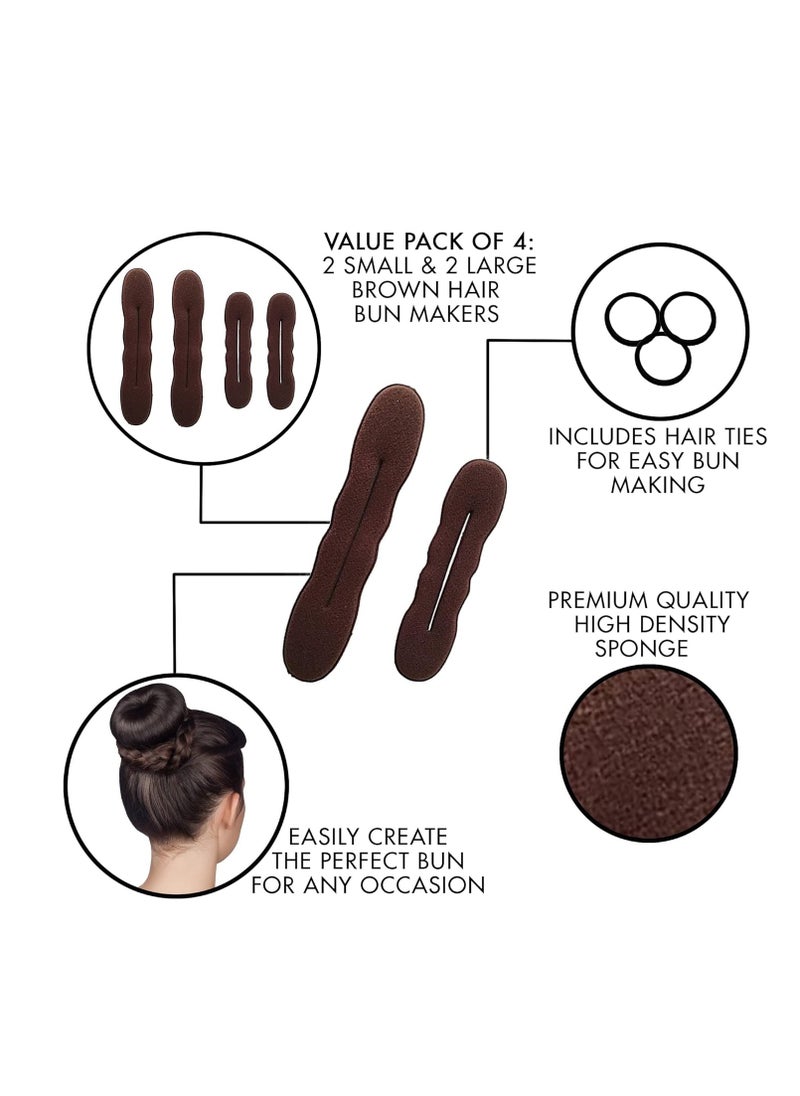 Styla Hair Magic Bun Maker (2 Small, 2 Large) Foam Sponge Bun Shaper Hair Accessories (Brunette)