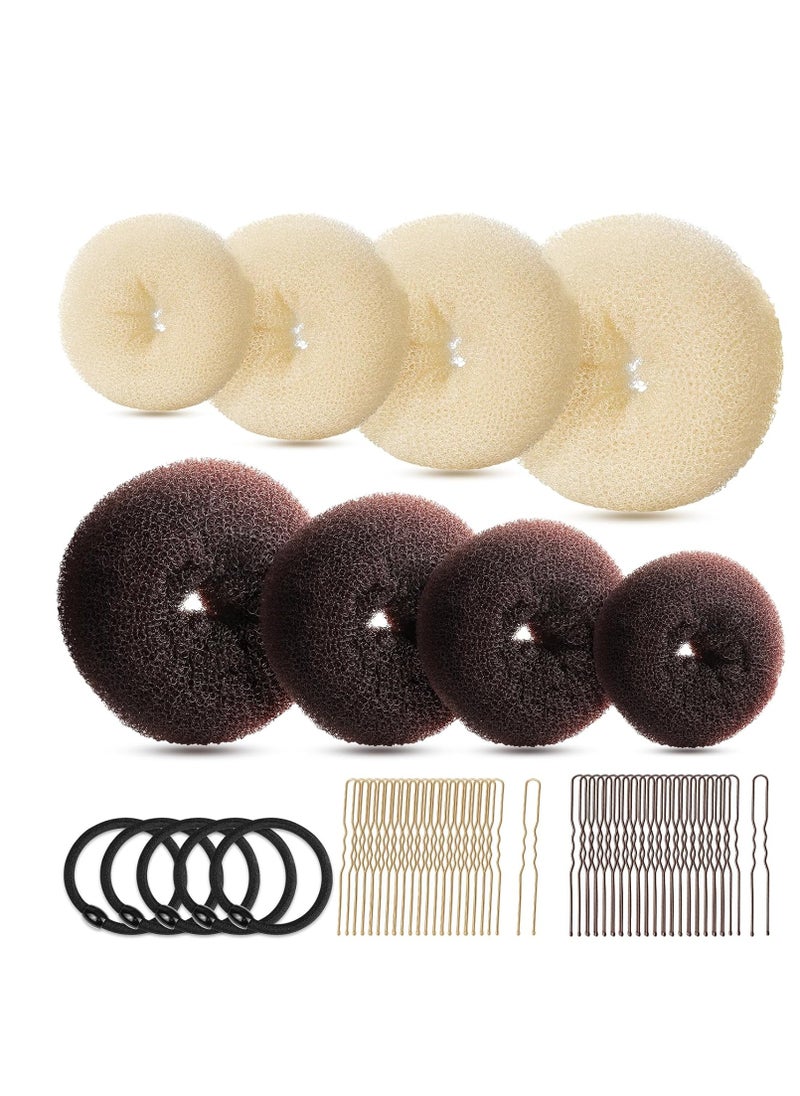 FANDAMEI Hair Bun Maker Set, Donut Bun Maker Set With 4pcs Dark Brown &4pcs Beige(2 extra-large,2 large,2 medium and 2 small), 5 pieces Hair Elastic Bands, 40 pieces Hair Bobby Pins (Brown and Gold)