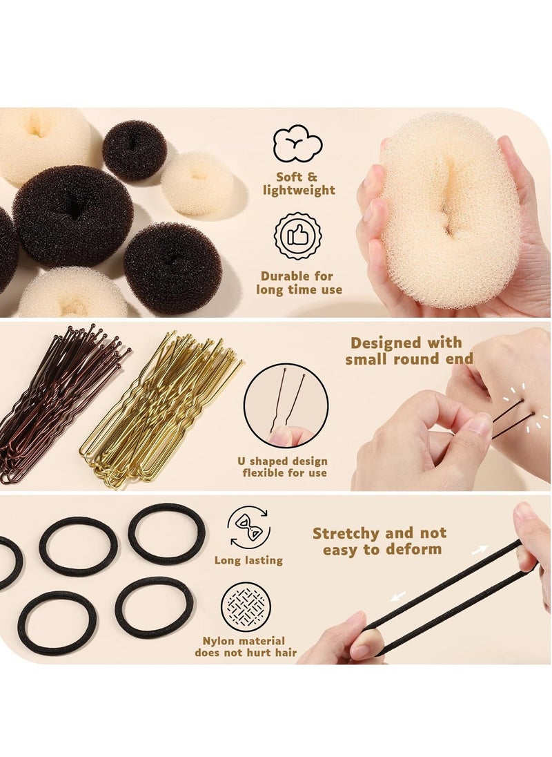 FANDAMEI Hair Bun Maker Set, Donut Bun Maker Set With 4pcs Dark Brown &4pcs Beige(2 extra-large,2 large,2 medium and 2 small), 5 pieces Hair Elastic Bands, 40 pieces Hair Bobby Pins (Brown and Gold)